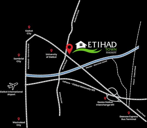 Etihad Town Sialkot official location map showing proximity to Daska Road, Motorway, and Airport
