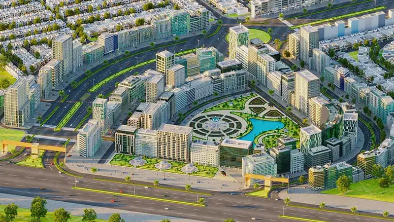 Etihad Town Sialkot — Business District: Corporate offices, international retail outlets, banks, and gourmet dining avenues in one central hub.
