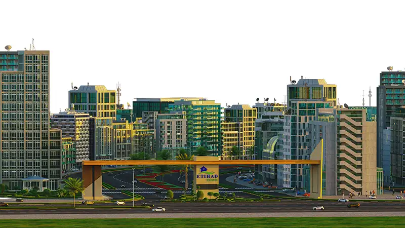 Etihad Town Sialkot — Main Gate: Iconic 120-ft wide grand entrance boulevard welcoming residents directly from Sialkot-Daska Road.