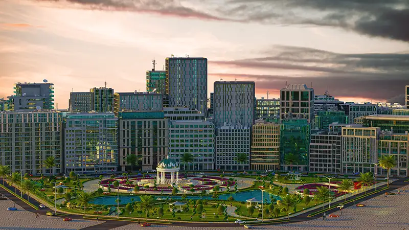 Etihad Town Sialkot — Grand Park: 50+ acres of lush green botanical landscapes, jogging tracks, and family recreation zones.